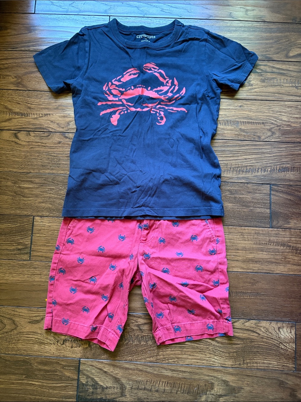 Crewcuts Navy Tee with Coral Crab Graphic and Coral Crab-Print Shorts